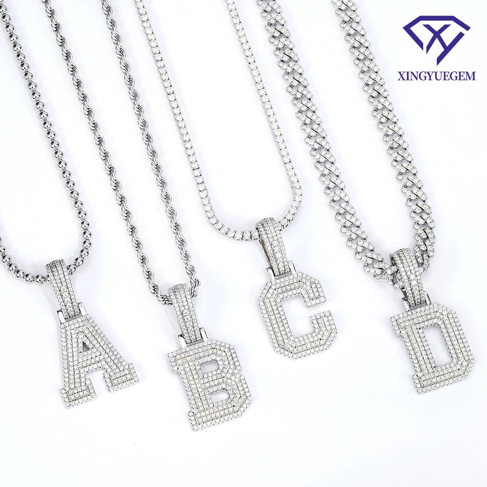 Pass Diamond Tester A-Z Initial Letter Pendant Wholesale Hip Hop Jewelry 925 Sterling Silver Iced Out Mossanite Necklace Chain