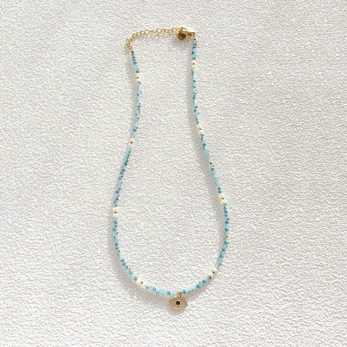 Handmade Blue Natural Stone Beaded Stainless Steel Waterproof Clasp Thin Eye Charms Necklace Women and Girls Jewelry