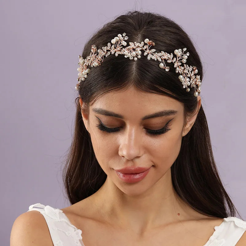 Handmade Pearl Alloy Headband Leaf Hairband Bride Wedding Tiara Crown