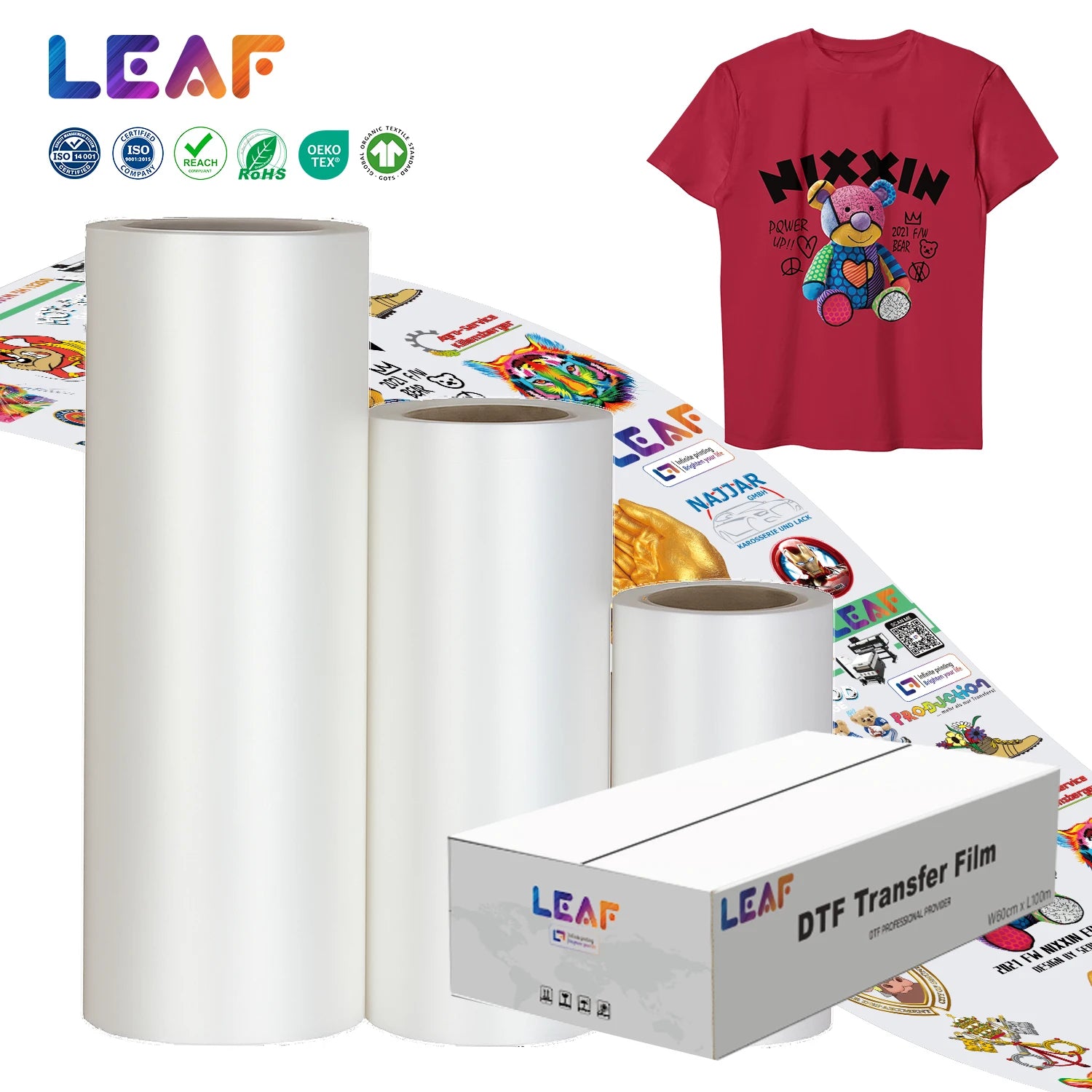 LEAF Hot Peel Heat Transfer DTF Printing Pet Film 60cm 30cm 33 cm A3 Double Side Pet Film Roll for T-shirt Printer