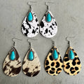 Vintage Women Girls Bohemia Tribal Antique Silver Waterdrop Turquoise Leopard Stone Earrings