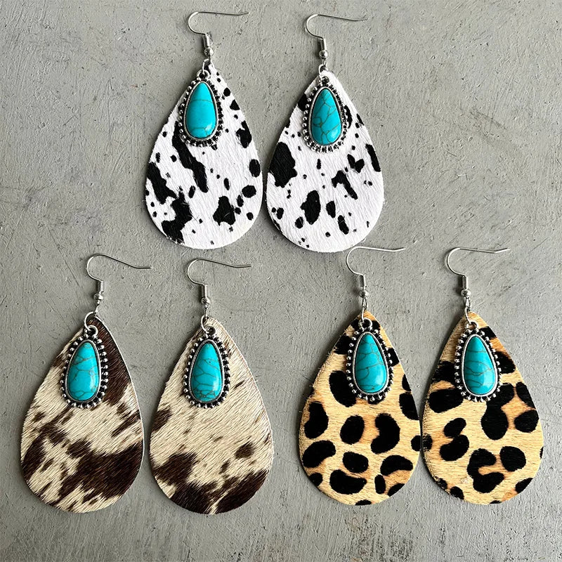 Vintage Women Girls Bohemia Tribal Antique Silver Waterdrop Turquoise Leopard Stone Earrings