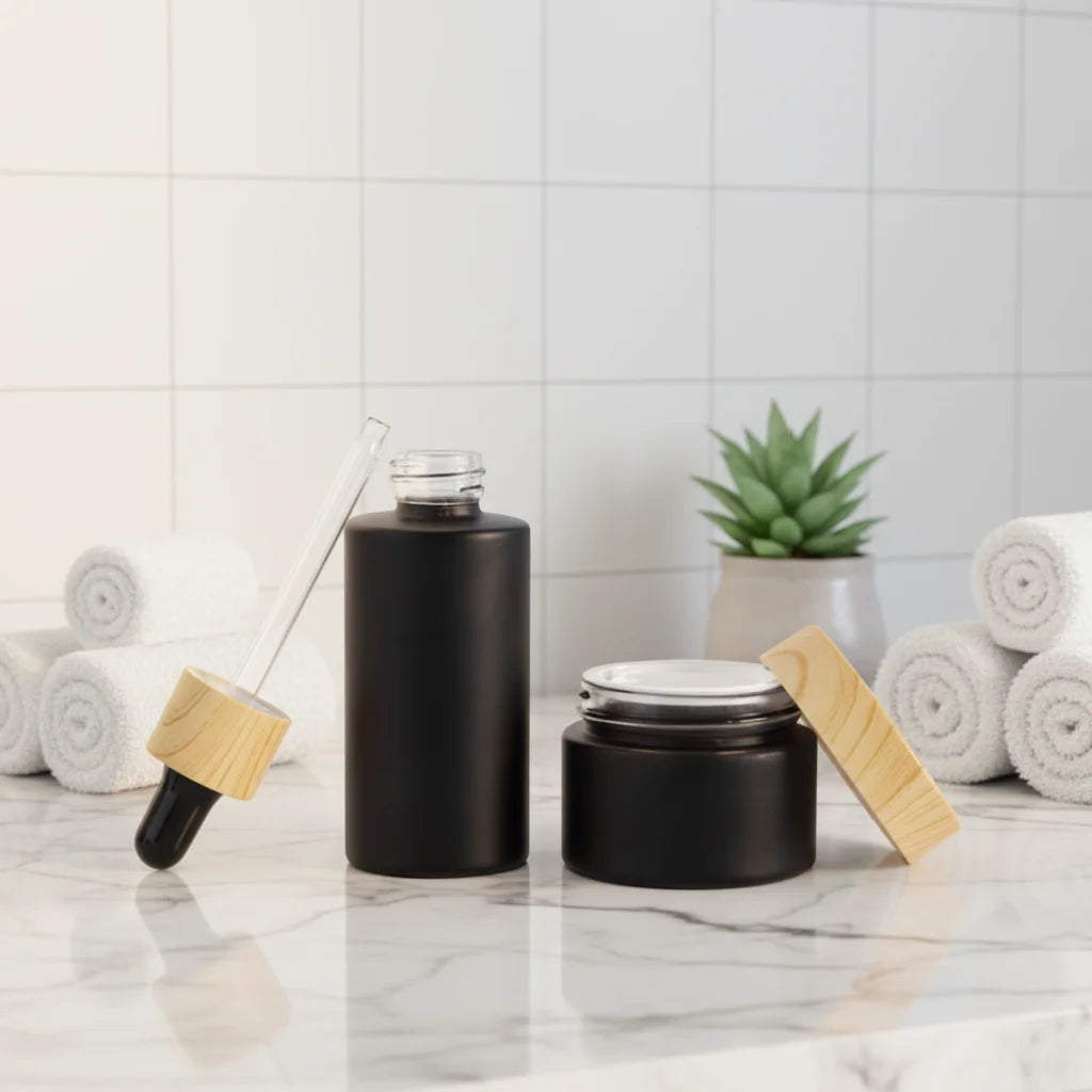 Matte Black Flat Shoulder 20ml 30ml 50ml Empty Glass Serum Bottles with Dropper and Screen Printing for Cosmetics