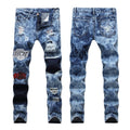 Customize Logo American Street Style Skinny Distressed Jeans Black and White Checked Hole Patch Stitching Jeans