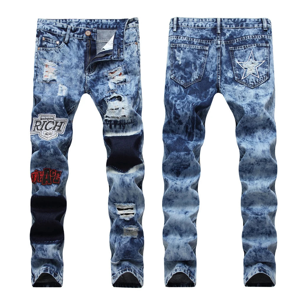 Customize Logo American Street Style Skinny Distressed Jeans Black and White Checked Hole Patch Stitching Jeans