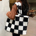 Wholesale Winter Premium Checkerboard Soft Fur Plush Handbag Crossbody Schoolbag Ladies Tote Shoulder Bag