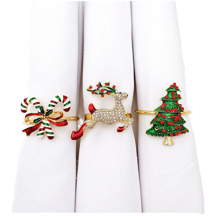 Wholesale Set of 6 Assorted Christmas Napkin Rings Rhinestone Metal Napkin Holder for Holiday Party Table Decoration