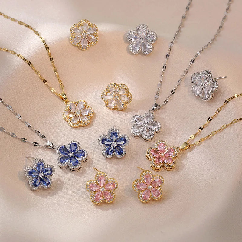 Colorful Necklace Female Zircon Flowers Luxury Light Set Titanium Steel Necklace Sets New 2024
