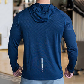 Mens Dry Fit T Shirt Sport Running Shirts With Hooded Workout Printed Compression T Shirts for Men Full Sleeve