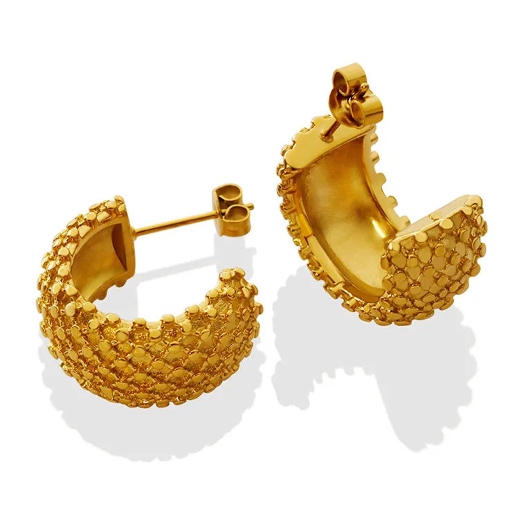 SP New Design High Quality Stainless Steel C-shaped Cross Rhombic Lattice Gold Chunky Twist Hoop Earrings