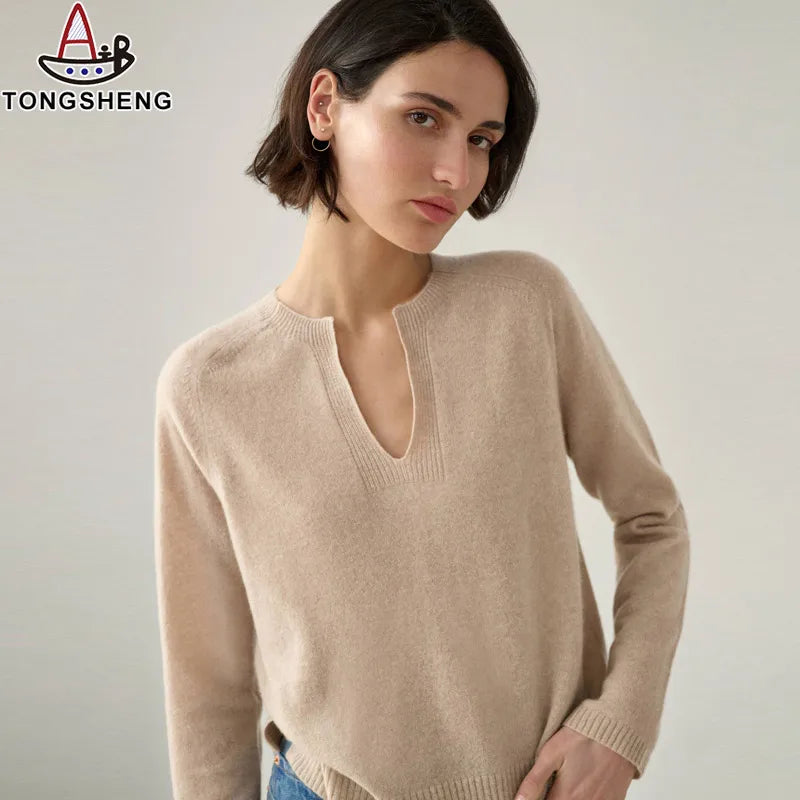 2026 Knitwear Vendors Custom Ladies Cotton Cashmere Split Neck Pull Over Sweater