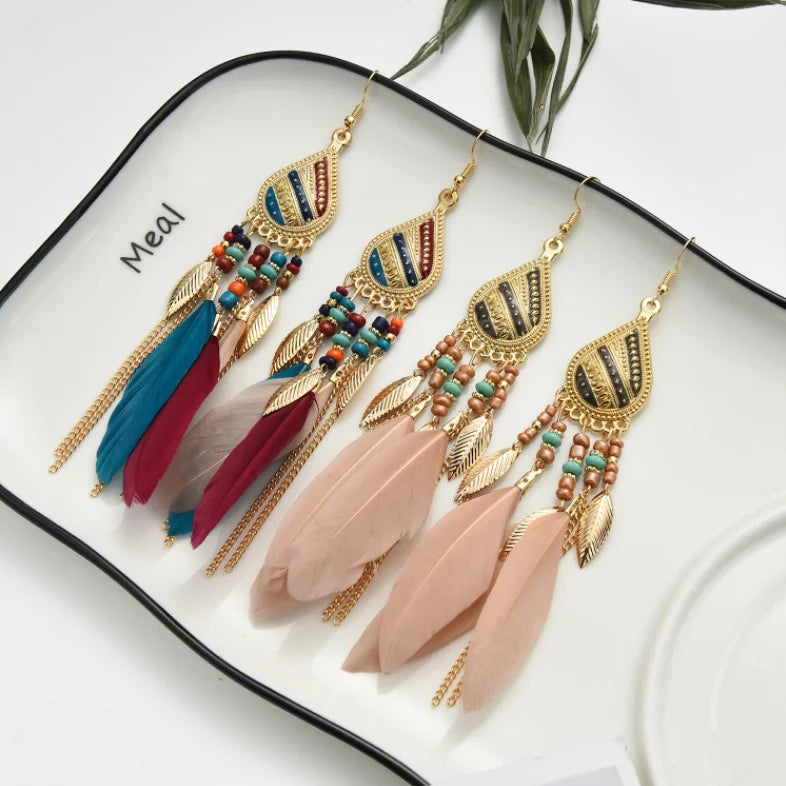 Hot Sale Popular Long Boho Tassel Women Earrings Jewelry Luxury Bohemian Feather Earrings for Women Wholesale