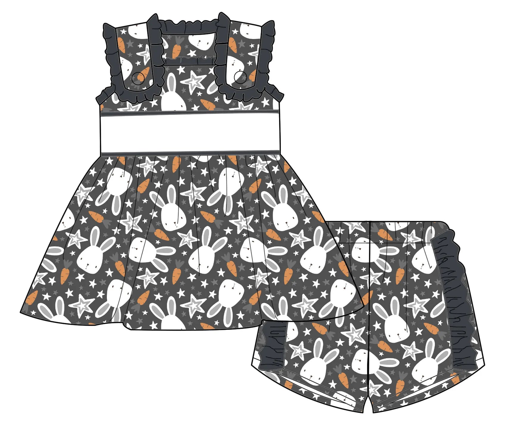 Qingli Oem New Arrival Children Girl Easter Printed Tunic Top With Ruffle Shorts Two Piece Outfit Set
