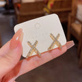Korean Elegant Cute Small Cross Shaped Pearl Earrings Diamond Earrings Gold Plated Pearl Earrings for Women and Girls