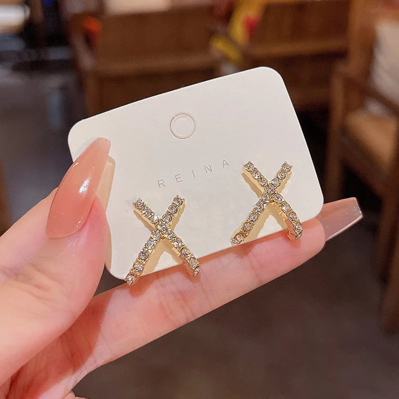 Korean Elegant Cute Small Cross Shaped Pearl Earrings Diamond Earrings Gold Plated Pearl Earrings for Women and Girls