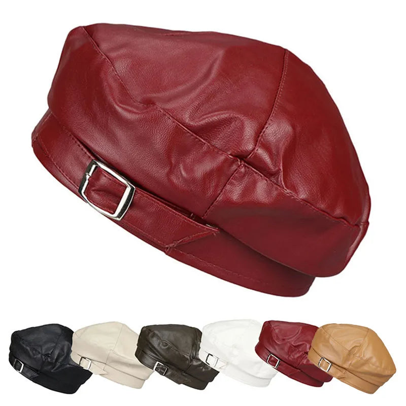 Hot Sale British Style Classic Vintage Leather Beanie Beret Custom logo PU Retro Polyester Women Octagonal Hat Cap