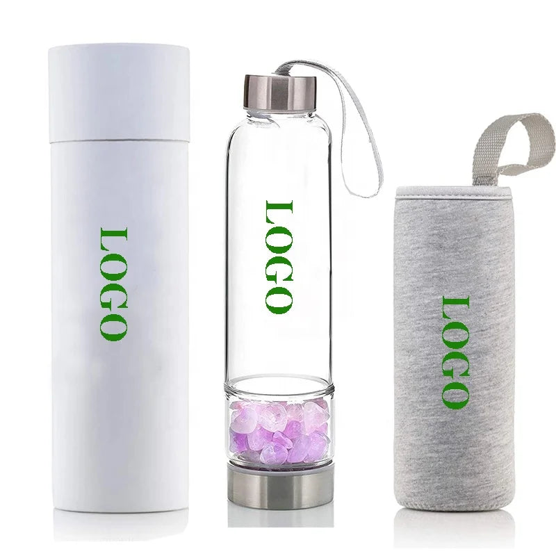 Natural Crystal Gemstone Water Bottle Healing Elixir Crystal Gem Infused Crystal Glass Water Bottle MegaBDM