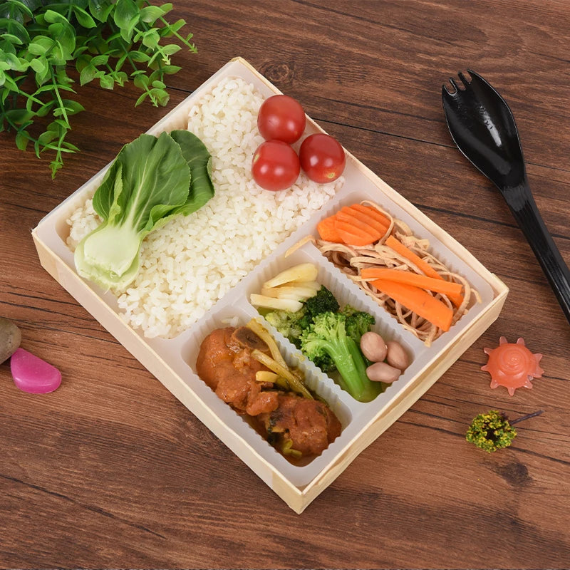 Disposable Fast Food Folding Box Eco-Friendly Wooden Bento Salad Container with Paper Wooden Lid for Take Out for Rice Dishes