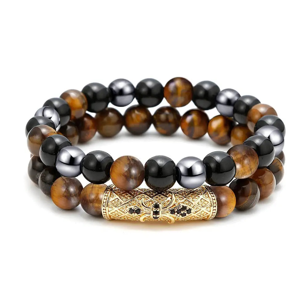 Hot Selling Vintage Men's Beaded Bracelets Set Copper Micro Zircon Obsidian Hematite Tiger Eye Geometric Pattern Diamond-Gift