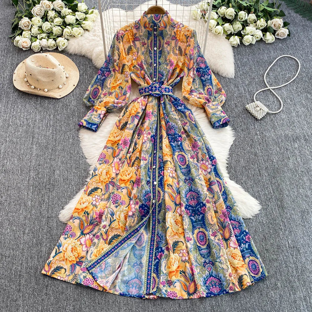 LW0938 Vintage Stand-Up Collar With Waist Waist Waist Lantern Sleeve Elegant Long Printed Cardigan Dress Woman 2025 New
