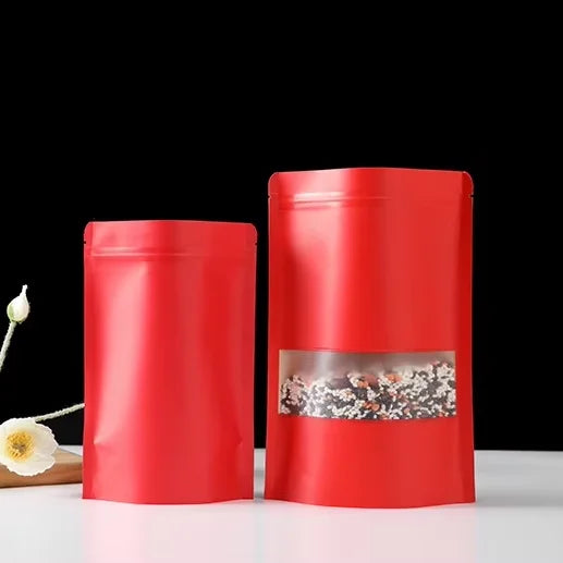 Recyclable Red Ziplock Kraft Paper Stand up Pouch With Window Food Packaging Bag for Grain Food Candy Biscuit Nuts Tea