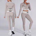Women's Houndstooth Seamless 2 Piece Workout Set Elastic Waist Zip-Up Jacket Leggings with Thumb Holes for Gym Yoga