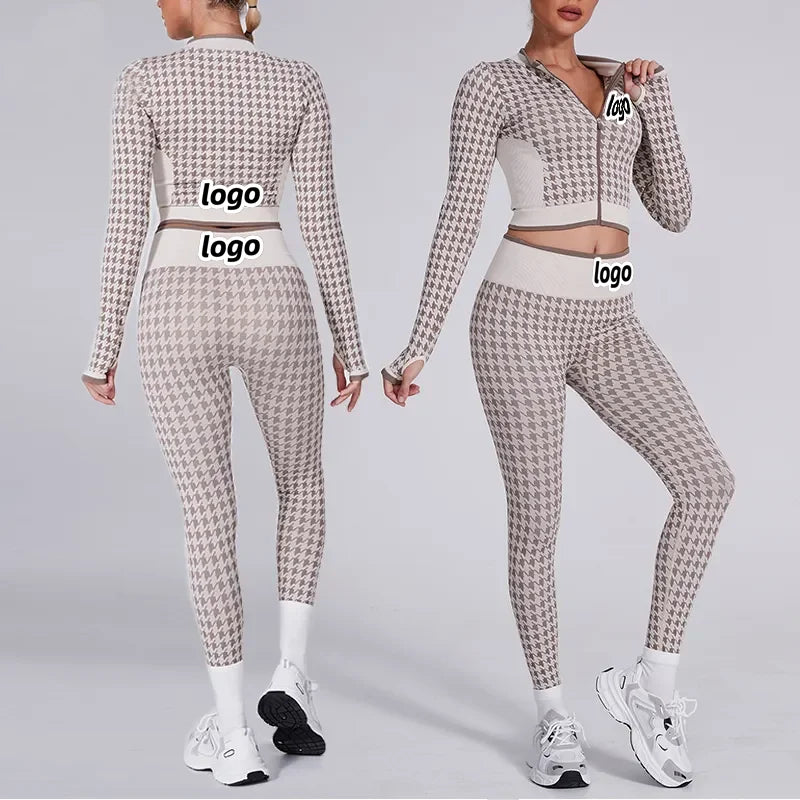 Women's Houndstooth Seamless 2 Piece Workout Set Elastic Waist Zip-Up Jacket Leggings with Thumb Holes for Gym Yoga