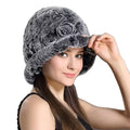 MWFur Women Fur Brim Beanies for Winter Girl Fashion Rex Rabbit Fur Hats for Women Hand Knitted Winter Hats