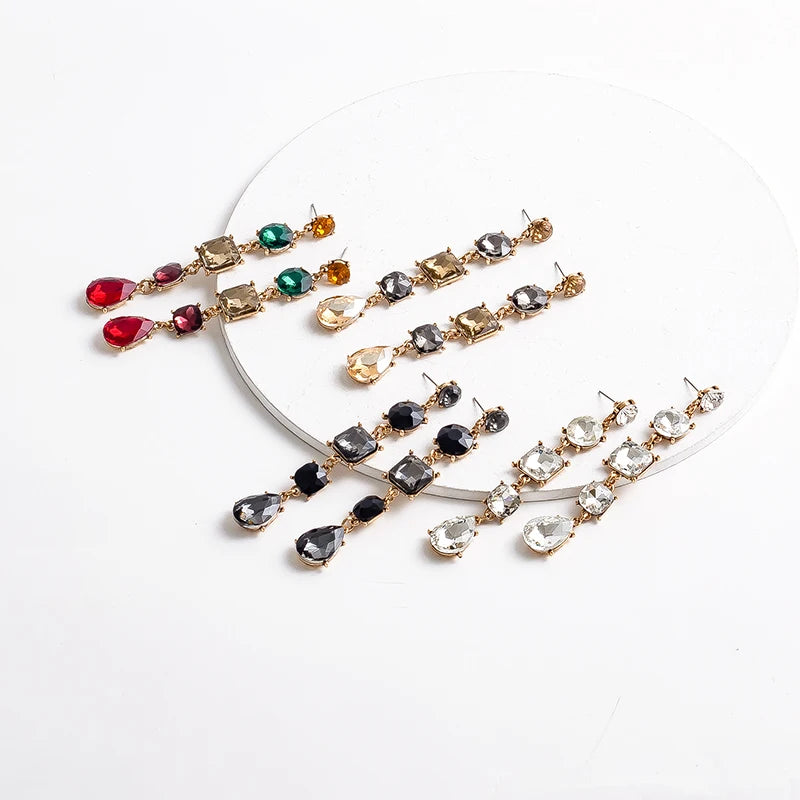 Wholesale Gold Plated Glass Square Round Dangle Earrings Women Long Rhinestone Crystal Geometric Stud Earrings Jewelry