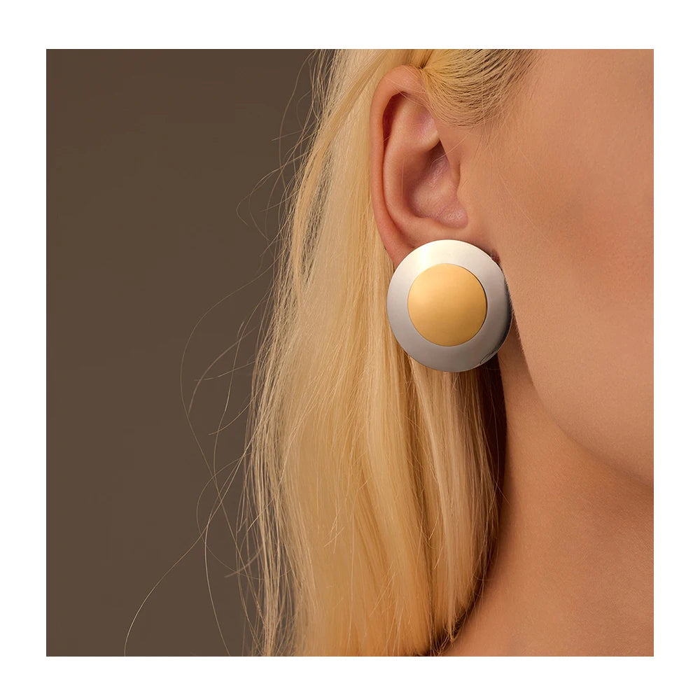 YF3983 Stainless Steel Design Waterproof Jewelry 18k Gold Plated Geometric Circular SmoothTwo Stone Earrings