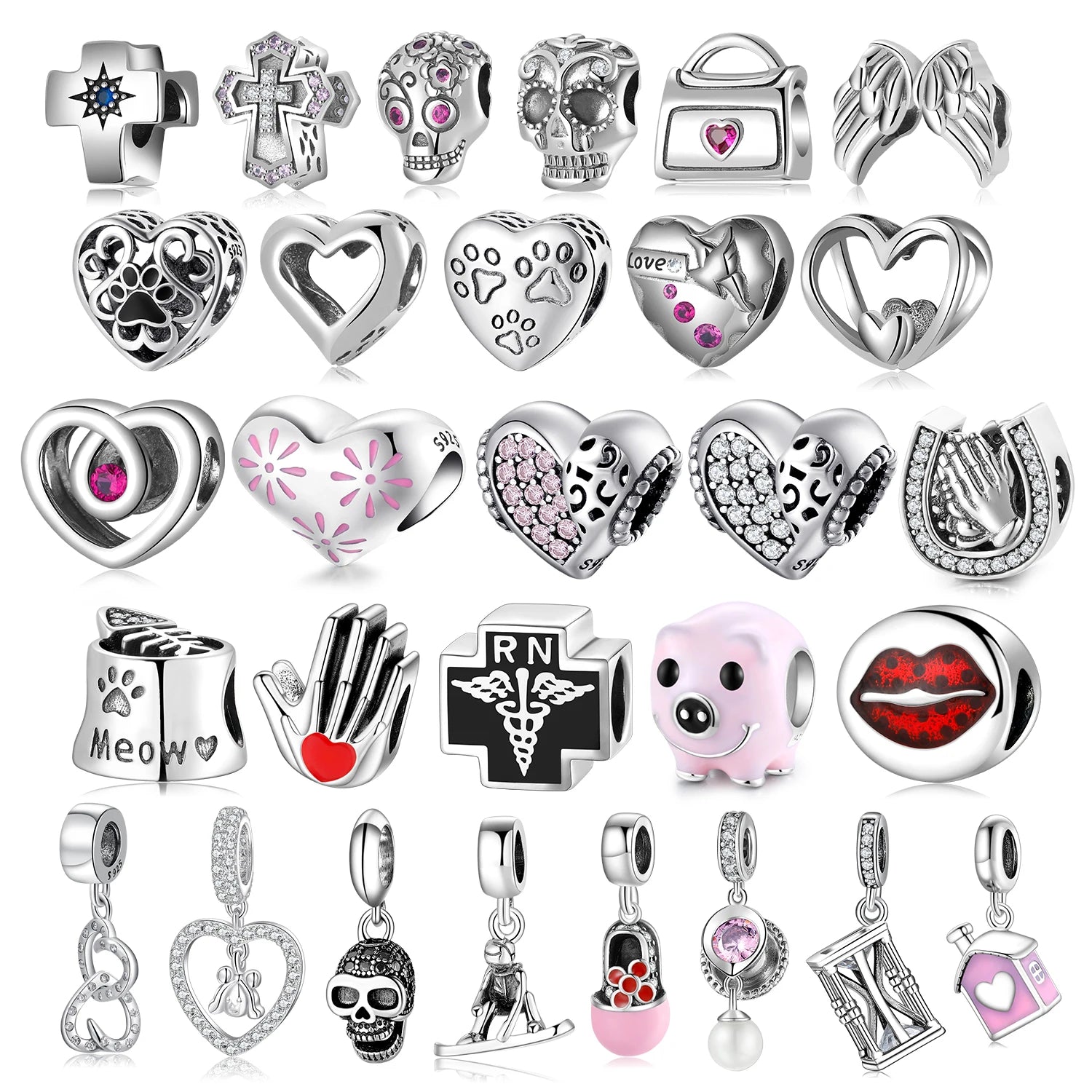 Real 925 Sterling Silver Skeleton & Animal Enamel Charms Heart Shape Beads with CZ Pendant for Women Jewelry Bracelet Fashion
