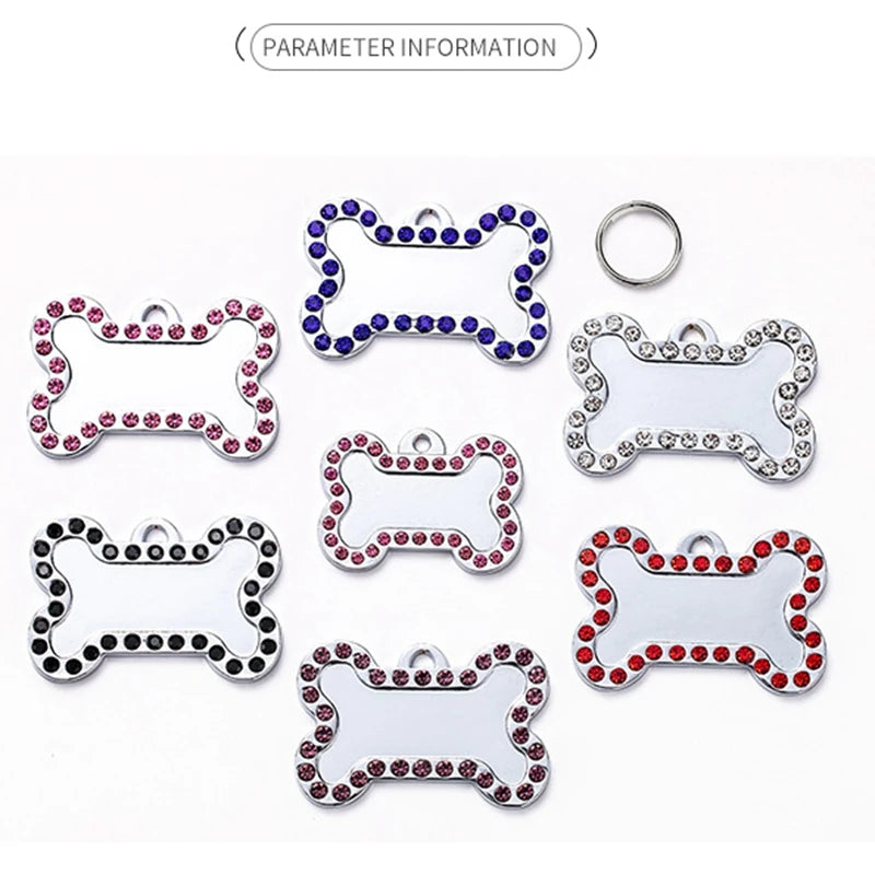 Metal Sublimation Small Rhinestone Skeleton Pet Engraved Name Crystals Blank ID Dog Bone Tag Pendant Keychain