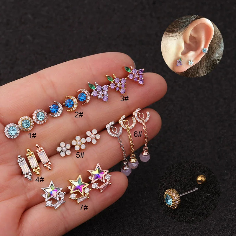 OEM Colored Zircon Ear Cartilage Stud Earrings Body Piercing Jewelry Stainless Steel Earring for Women