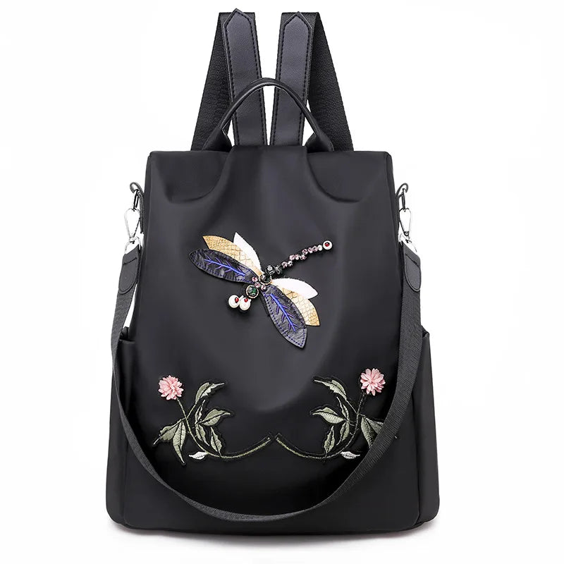 Designer Brand Large Capacity Anti-thief Embroidery Dragonfly Shoulder Bag Backpack for Women