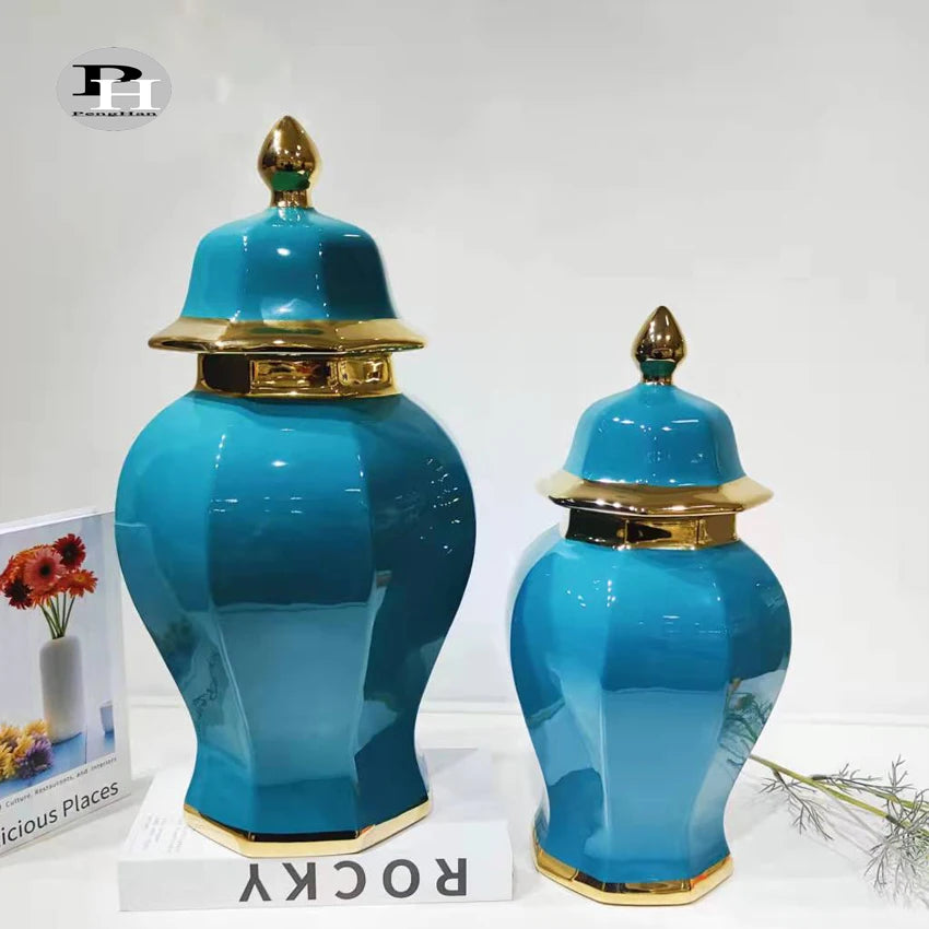 Contemporary Art Deco Transparent Ceramic Porcelain Flower Vase Blue and Gold Luxury Storage Temple Jar Antique Ginger Jar