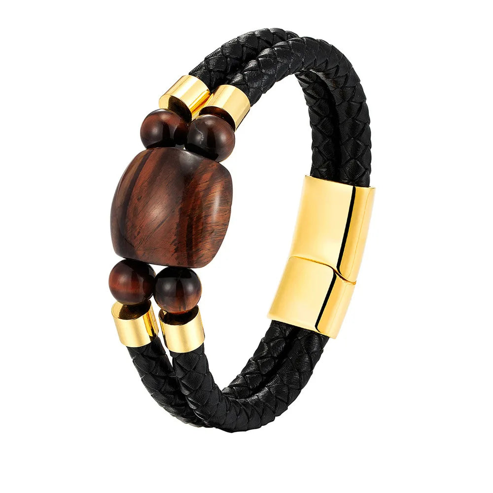 Men's Silver/Gold Plated Genuine Leather Braided Bead Chakra Tiger Eye Natural Stone Stainless Steel Magnetic Clasp Cuff Bangles
