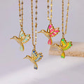 Multi Colored Hummingbird Stainless Steel Pendant Necklace with Cute Chain Links and Fashionable Oil Droplets Inlaid with Zircon