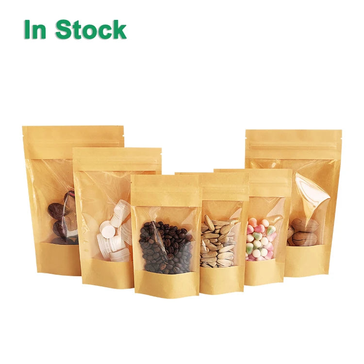 Large Window Kraft Paper Stand up Pouch Wholesale Recyclable Bworn Kraft Ziplock Packaging Bag