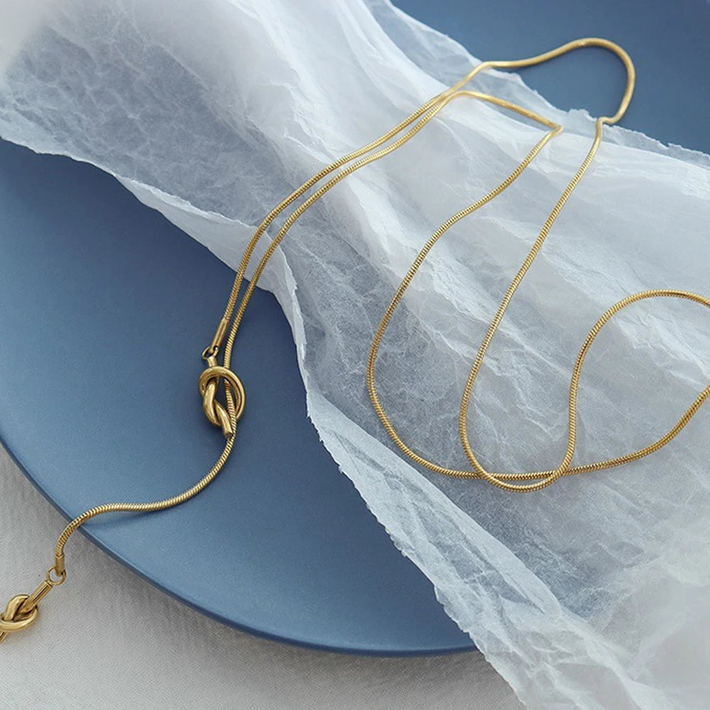 EManco Simple Adjustable Sweater Long Chain Y Shaped Knotted Necklace Stainless Steel Gold Plated Fashion Fine Jewelry Necklace