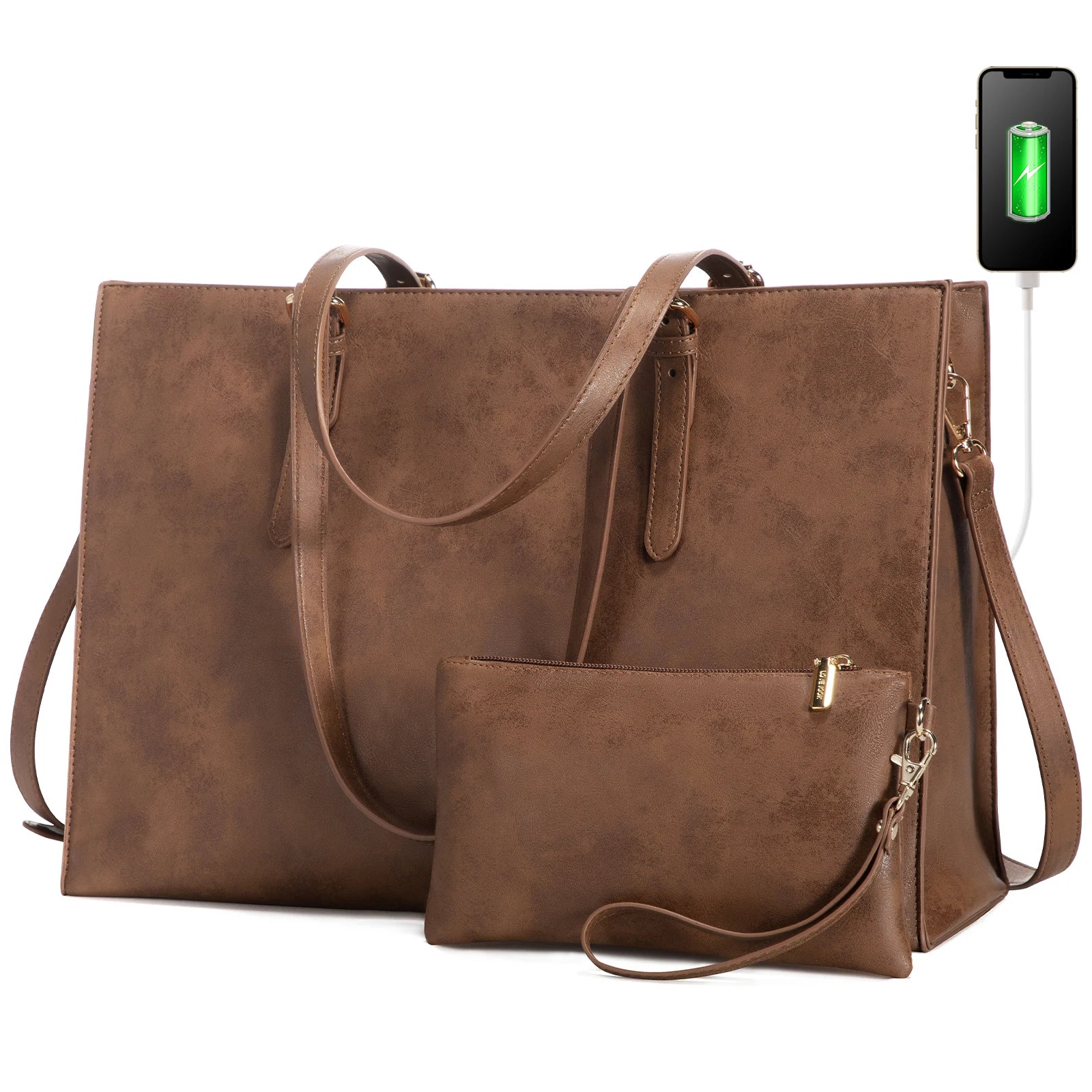 2pc/set Fashionable Office Lady Computer Tote Handbag Set Large Leather Shoulder Bags Croc Solid Laptop Briefcase Bags for Women