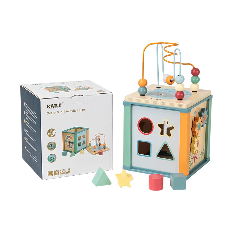 Multi-functional Beading Fun Ocean Forest Tetrahedral Wooden Treasure Box Infant Children Shape Early Learning Intelligence Toy