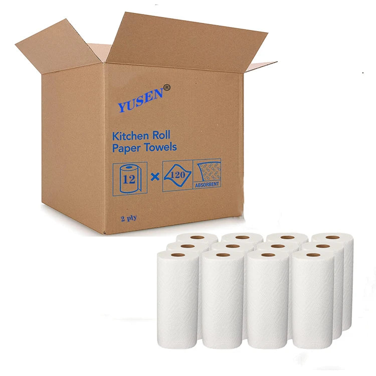 Yusen Hot Sale 2 Ply Virgin Wood Pulp Kitchen Paper Towel Roll Oil Absorbent Disposable Kitchen Tissue Paper