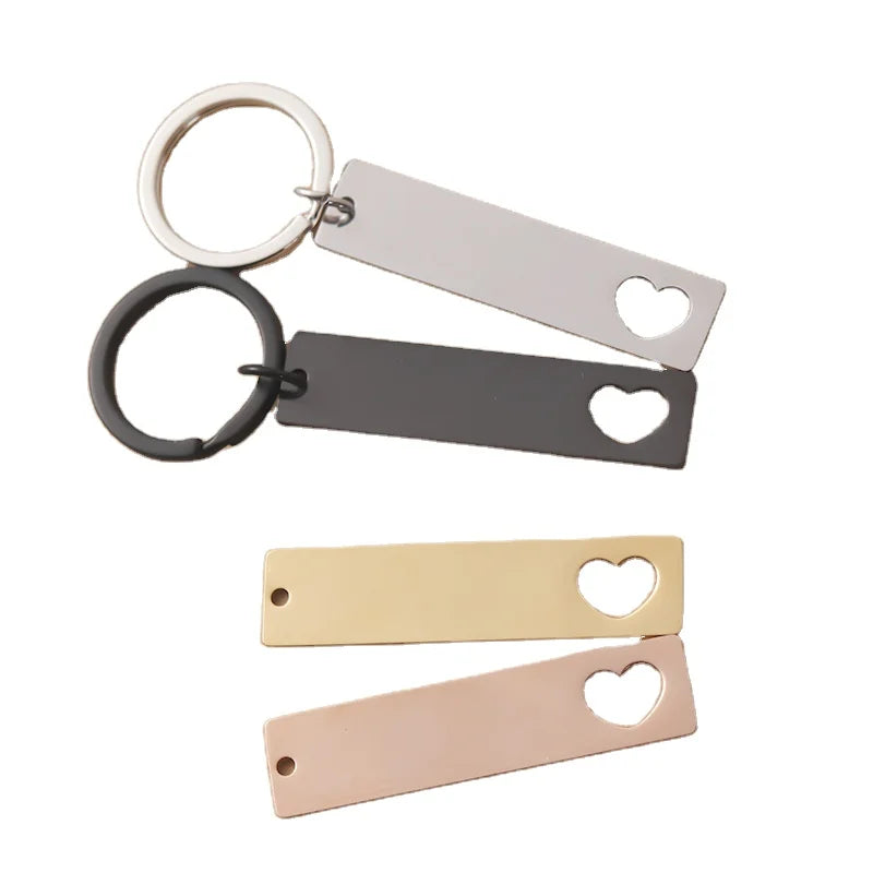 50*12mm Wholesale Custom logo Blank Stainless Steel Bar Engraved Keychain Couple Silver Rose Gold Dog Tag Qr Code Heart Keychain