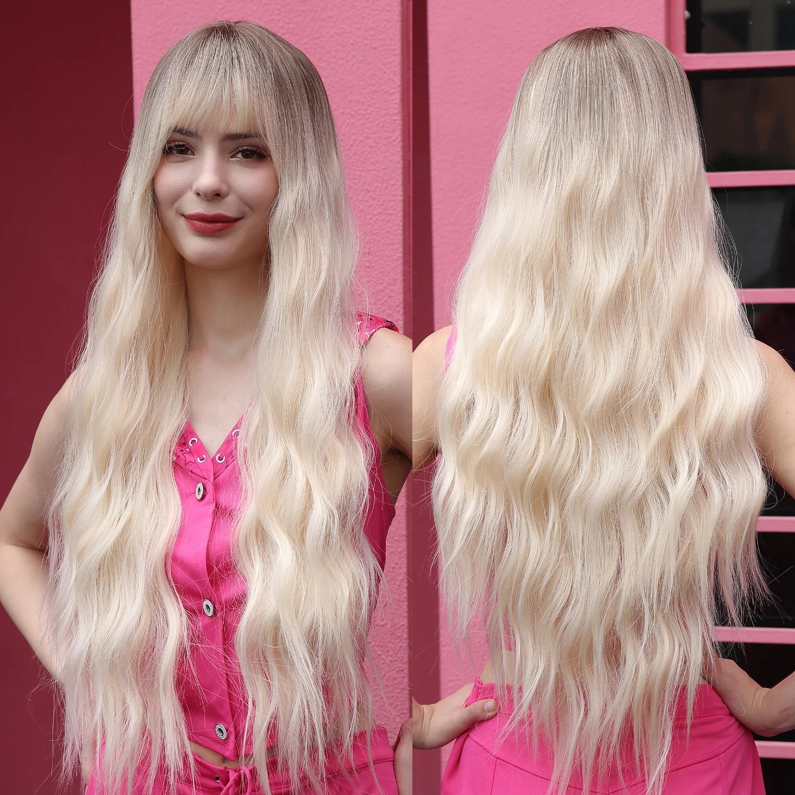 Factory Wholesale Light Blonde Ombre Synthetic Wigs With Bangs Long Wavy Natural Hair Wig Women Cosplay Heat Resistant Hair