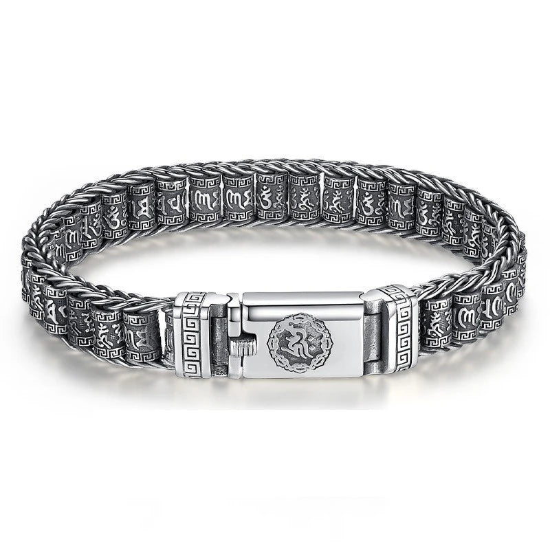 Sterling Silver S925 Bracelet Men's Thai Silver Hand-woven Six-word Truth Spin Antique Silver Chain Hand Personality Bracelet