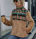 Wholesale 2025 Autumn Winter Women's Loose Soft Polar Fleece Zip-up Pullover Vintage Aztec Geometric Lined ODM Embroidered