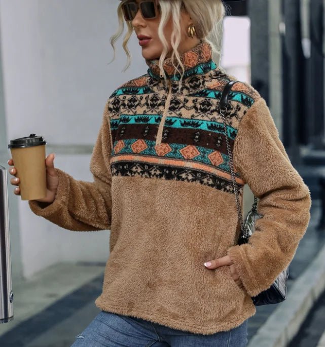 Wholesale 2025 Autumn Winter Women's Loose Soft Polar Fleece Zip-up Pullover Vintage Aztec Geometric Lined ODM Embroidered