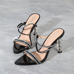 Y Sandals Women Summer New Rhinestone Transparent Thin Heel Open-Toe Slippers Fairy Wind Fashion Popular Shoes Slippers