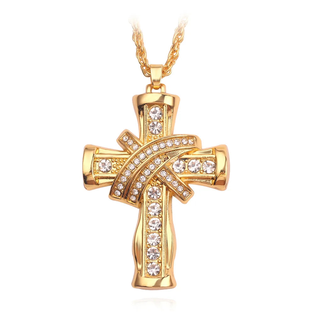 Trendy Hip Pop Men Teen Alloy Rhinestone Gold Cross Pendant Necklace