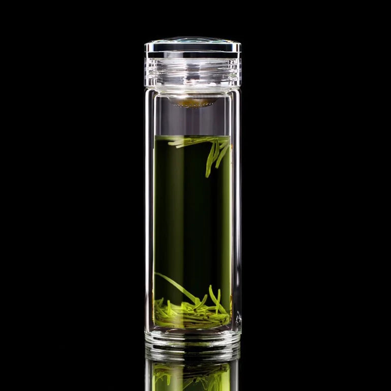 Ready to Ship 2025 Custom High Borosilicate Double Wall Glass Water Bottle with Tea Infuser